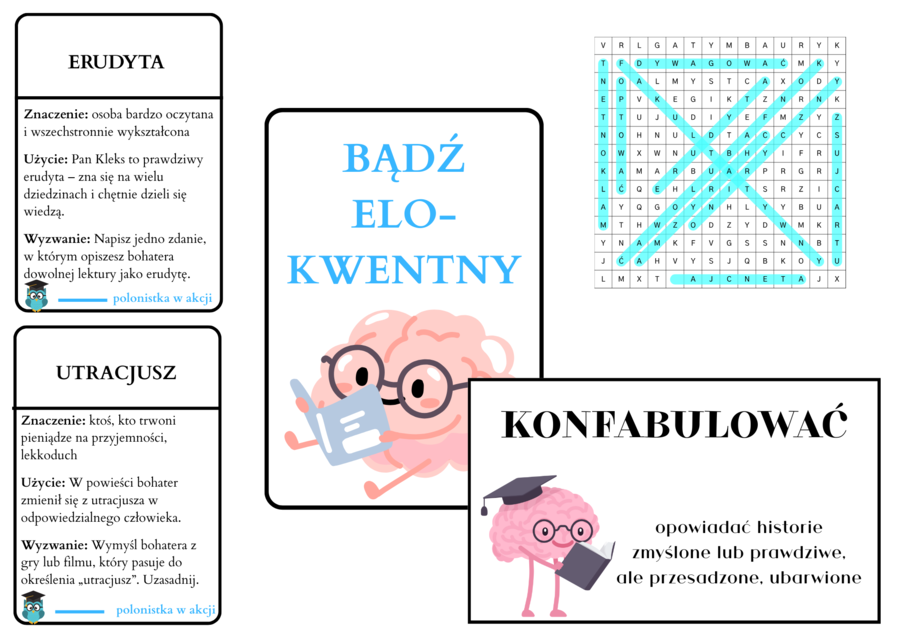 Pakiet pt. ,,Bądź elokwentny" (gazetka, wykreślanka, krzyżówka, karta Słowo Dnia)