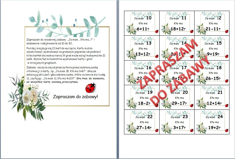 ?Dodawanie i odejmowanie w zakresie 10-30. ?Gra "ja mam... kto ma...".