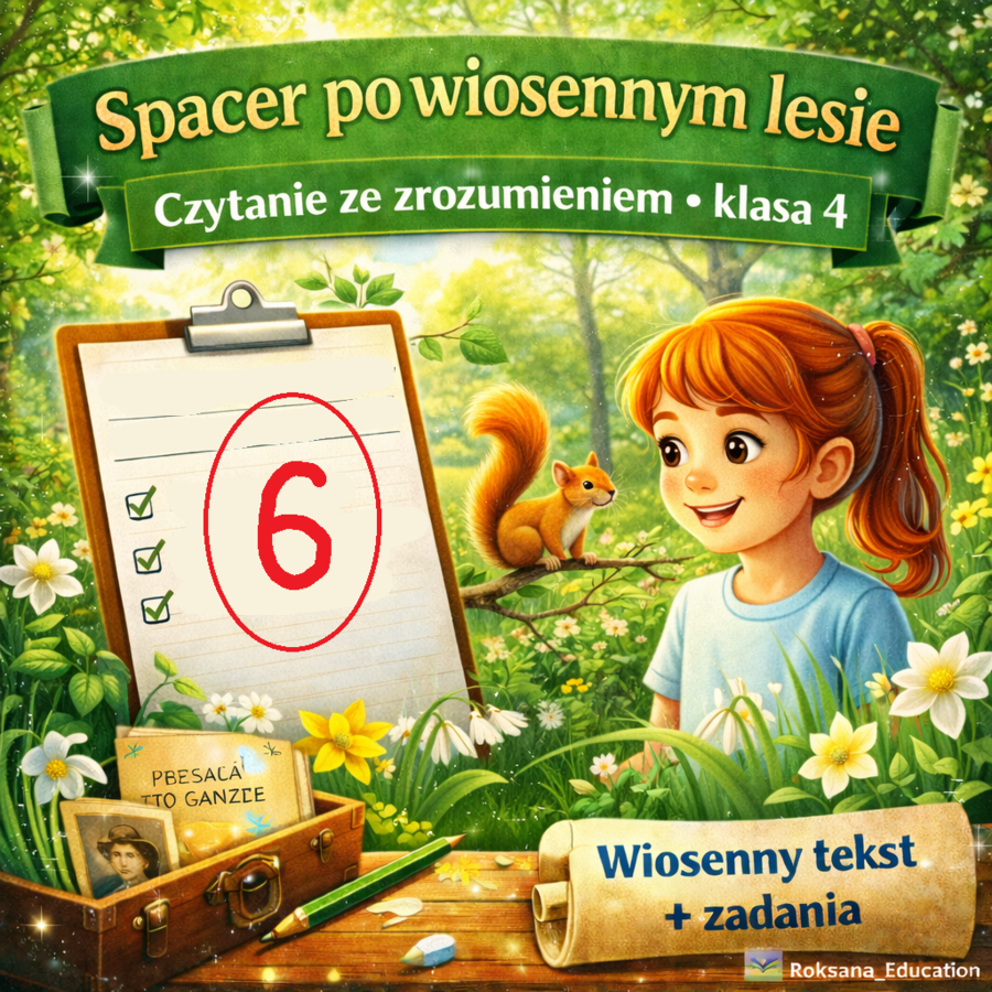 🌳 Spacer po wiosennym lesie – czytanie ze zrozumieniem (klasa 4) | karta pracy + 15 zadań