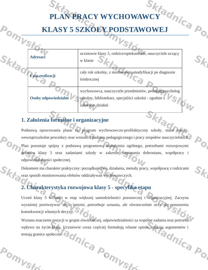 ROCZNY PLAN PRACY WYCHOWAWCY - klasa 5 (DOCX, edytowalny); plan pracy wychowawczej; godziny wychowawcze