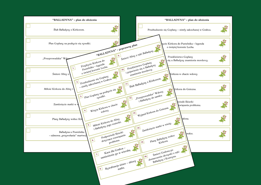 "BALLADYNA" – plan wydarzeń – fiszki – 3 wersje – egzamin – lektury 7-8