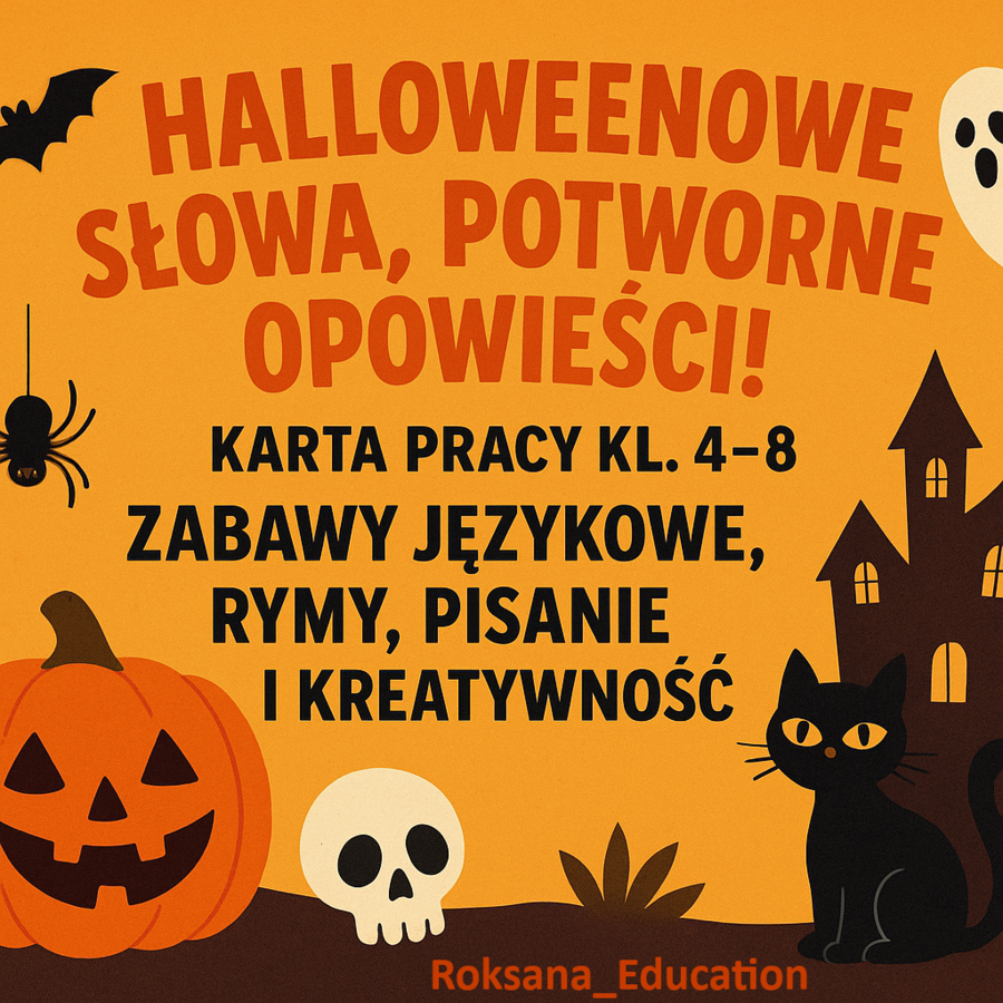 🎃 Halloweenowe słowa, potworne opowieści! 👻 | Karta pracy kl. 4–8 ✏️ | Zabawy językowe, rymy, pisanie i kreatywność 💬