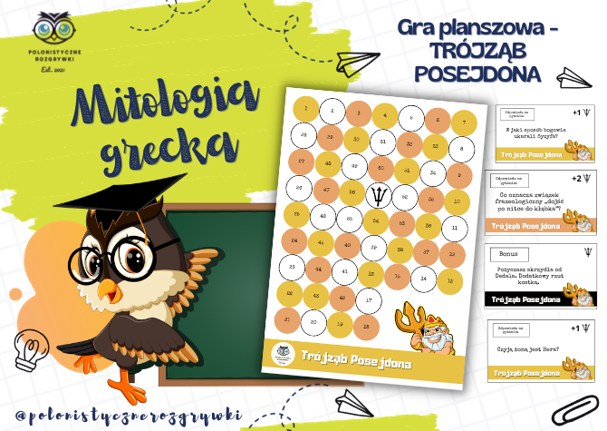 Turniej mitologiczny. Trójząb Posejdona. Mitologia. Znajomość mitów. Bogowie greccy. Gra planszowa