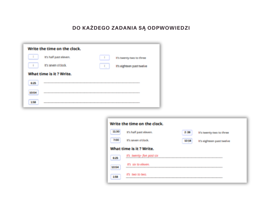 Telling the time worksheet - Podawanie czasu, godziny, język angielski, podwójne karty pracy, pełen zakres minutowy