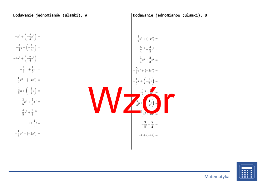 Dodawanie jednomianów (ułamki) | matematyka, algebra | 26 kolumn