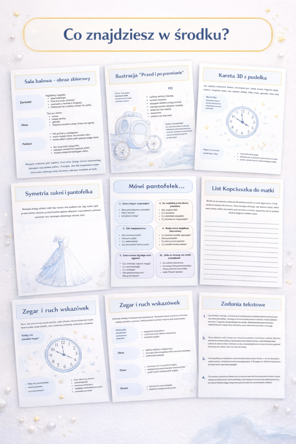 Kopciuszek – kreatywne karty pracy PDF do druku | język polski, matematyka i plastyka | klasy 1–3