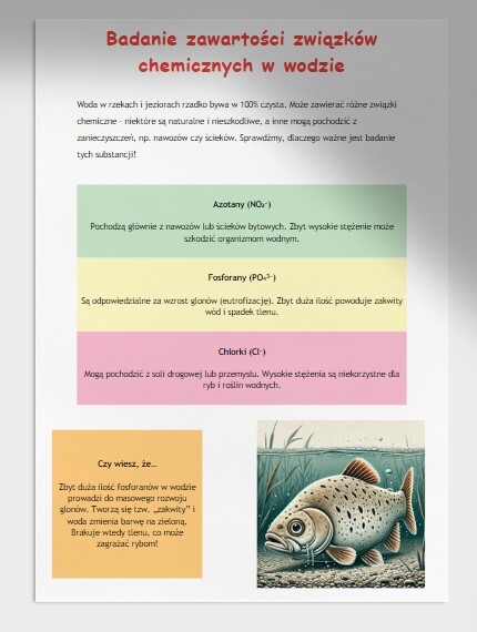 Badanie wody z okolicznej rzeki lub jeziora (pH, zawartość związków chemicznych).