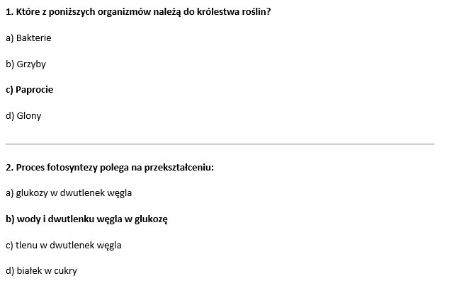 Test- Znajomość różnorodności biologicznej oraz podstawowych zjawisk i procesów biologicznych