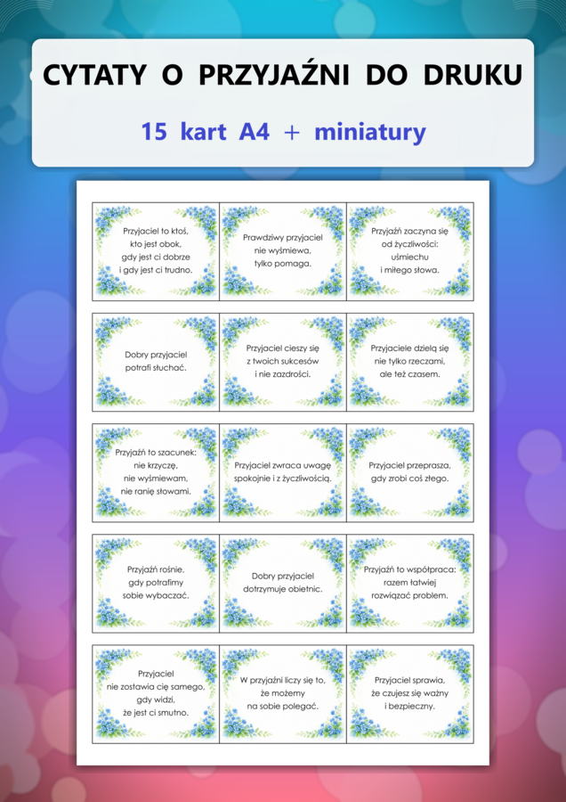 Gazetka szkolna: Przyjaźń - cytaty w ramkach (15 kart A4) + mini karty PDF - dekoracja