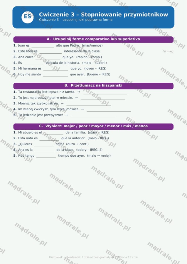 KARTA PRACY "JĘZYK HISZPAŃSKI – ROZDZIAŁ 6: ROZSZERZONA GRAMATYKA" + ZADANIA DYDAKTYCZNE + KLUCZ ODPOWIEDZI