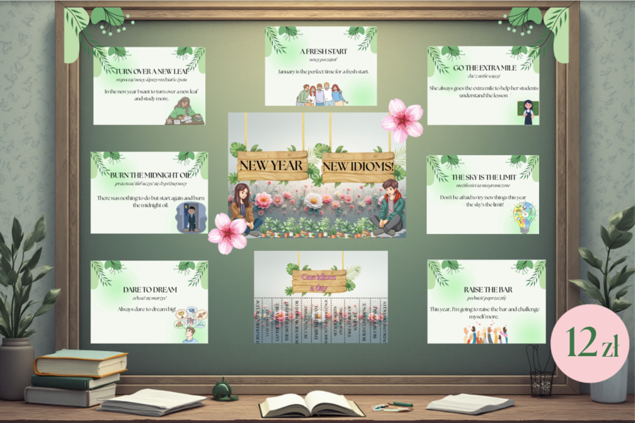 Mega Pakiet: NEW YEAR – NEW IDIOMS! 12 plansz z idiomami w w zestawie|Główna grafika XXL - plakat 4 xA4| Zestaw zawiera 2 zadania z idiomami oraz odpowiedzi