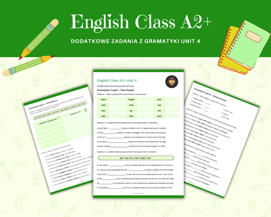 Gramatyka dla klasy 7: Past Simple , Relative Clauses Zaimki Względne Verb Patterns Na podstawie English Class A2+ Unit 4