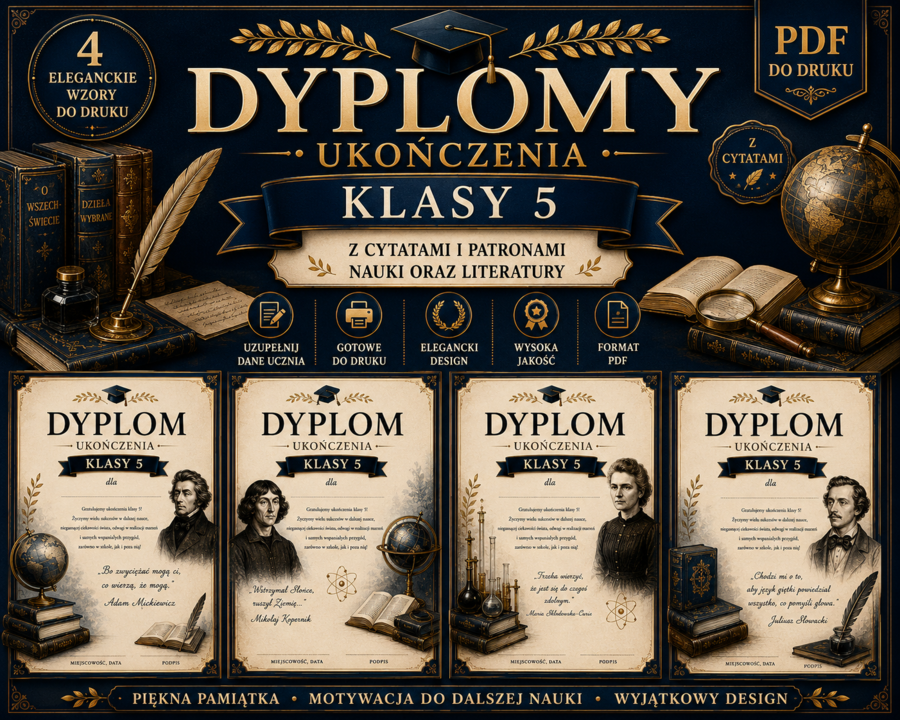 Dyplomy ukończenia klasy 5 – 4 eleganckie wzory z cytatami i patronami (PDF)