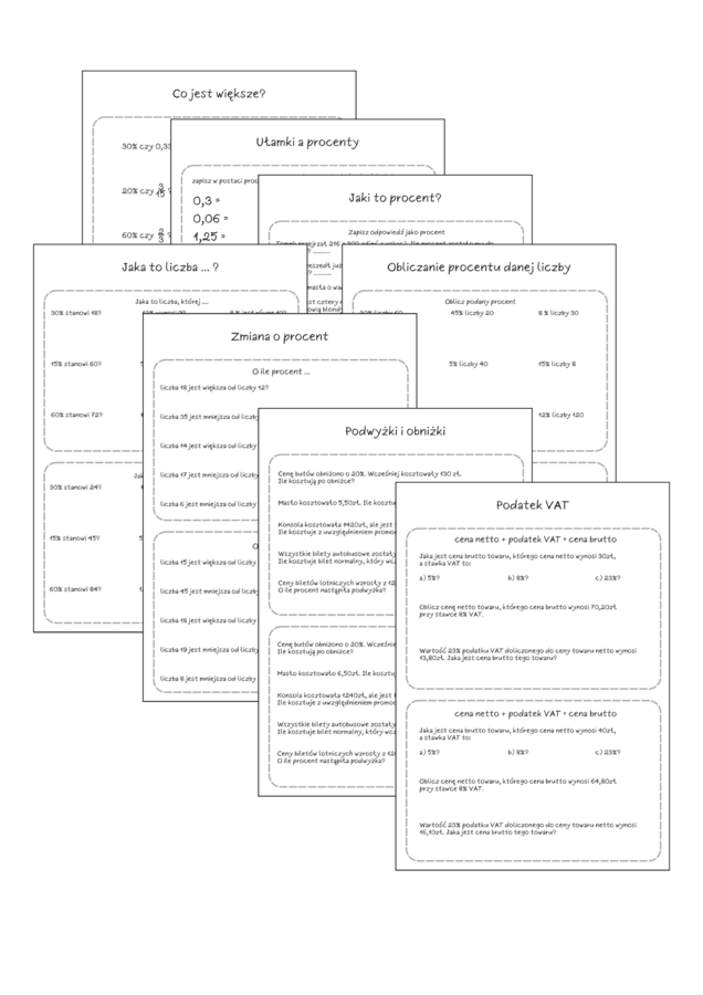 Szybkie karteczki - karty pracy z procentów. Klasa 6. Klasa 7. Klasa 8