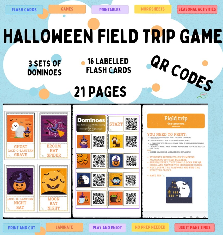 Halloween Gra Trernowa dla dużych i małych +QR Codes, Domino w 3 wersjach (również dla nieczytających), opisane karty obrazkowe na j. angielski i inne wydarzenia jesienne, dobre dla SPE, kody QR