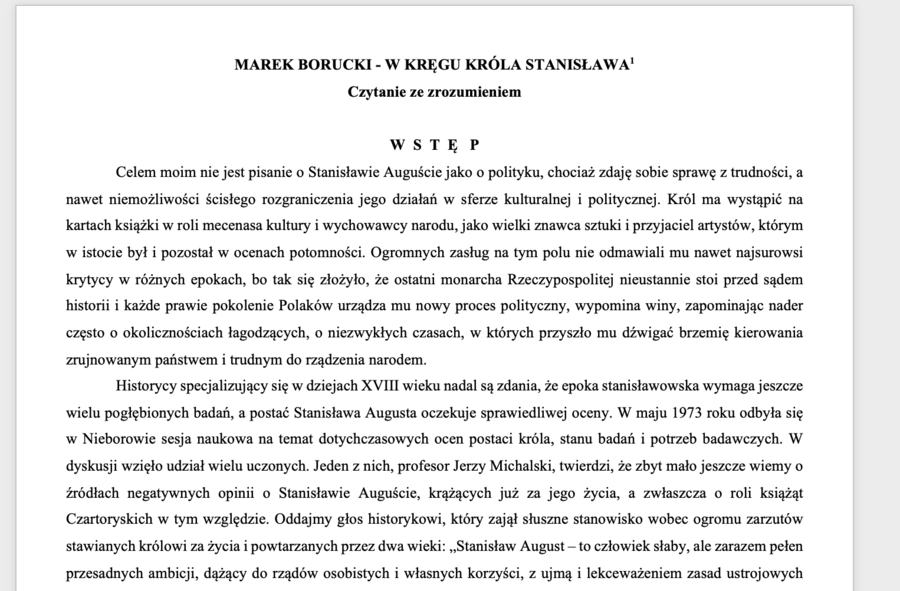 Marek Borucki – W kręgu króla Stanisława. Zestaw zadań z czytania ze zrozumieniem dla klas 1–2 szkoły ponadpodstawowej (z odpowiedziami)