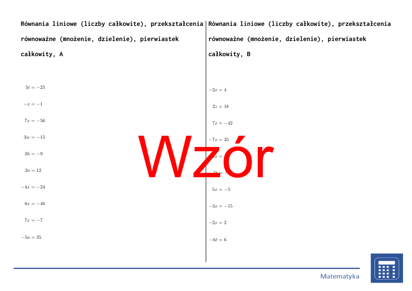 Równania liniowe (liczby całkowite), przekształcenia równoważne (mnożenie, dzielenie), pierwiastek całkowity | matematyka, algebra | 26 kolumn