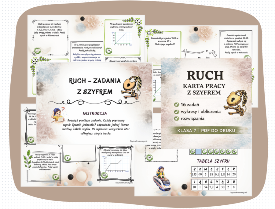 Ruch – karta pracy z szyfrem | Klasa 7 | 16 zadań + rozwiązania