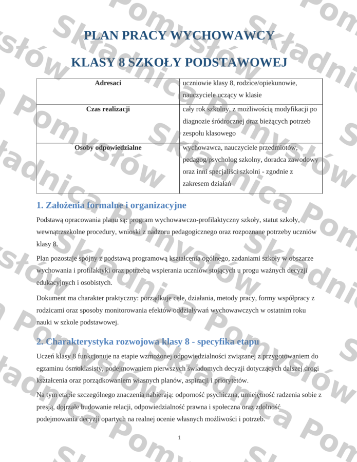 ROCZNY PLAN PRACY WYCHOWAWCY - klasa 8 (DOCX, edytowalny); plan pracy wychowawczej; godziny wychowawcze; dokumentacja wychowawcy