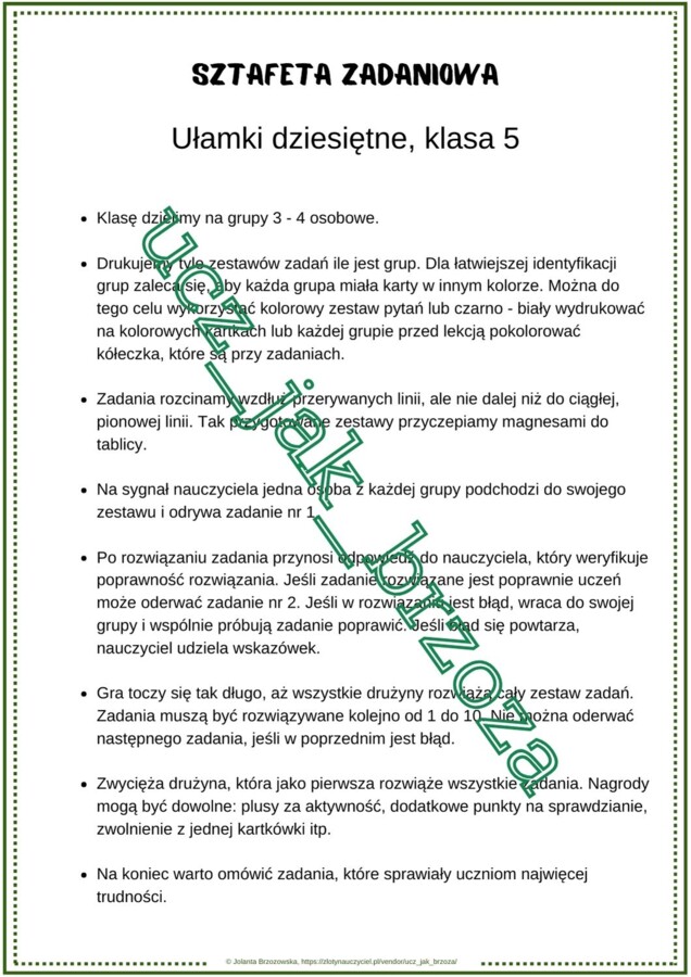 Ułamki dziesiętne, klasa 5, powtórzenie, sztafeta zadaniowa, praca w grupach