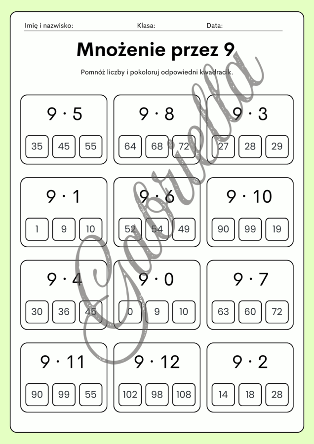 Karta pracy - mnożenie przez 6,7,8 oraz 9.