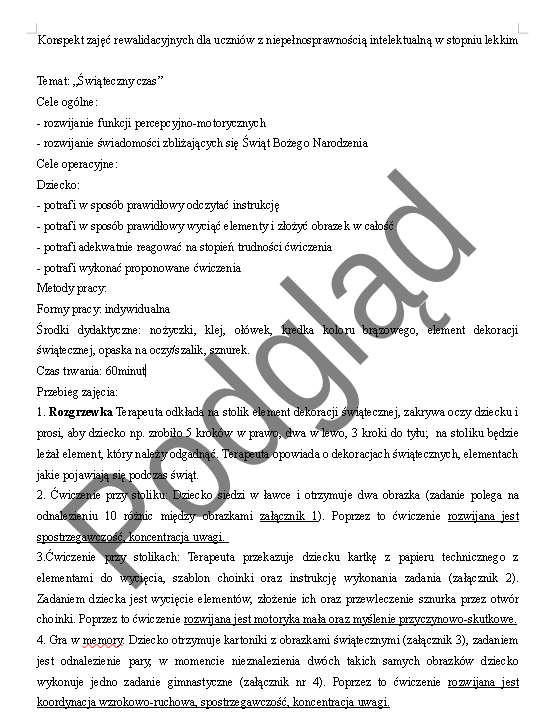 Konspekt zajęć rewalidacyjnych dla uczniów z niepełnosprawnością intelektualną w stopniu lekkim z dodatkami