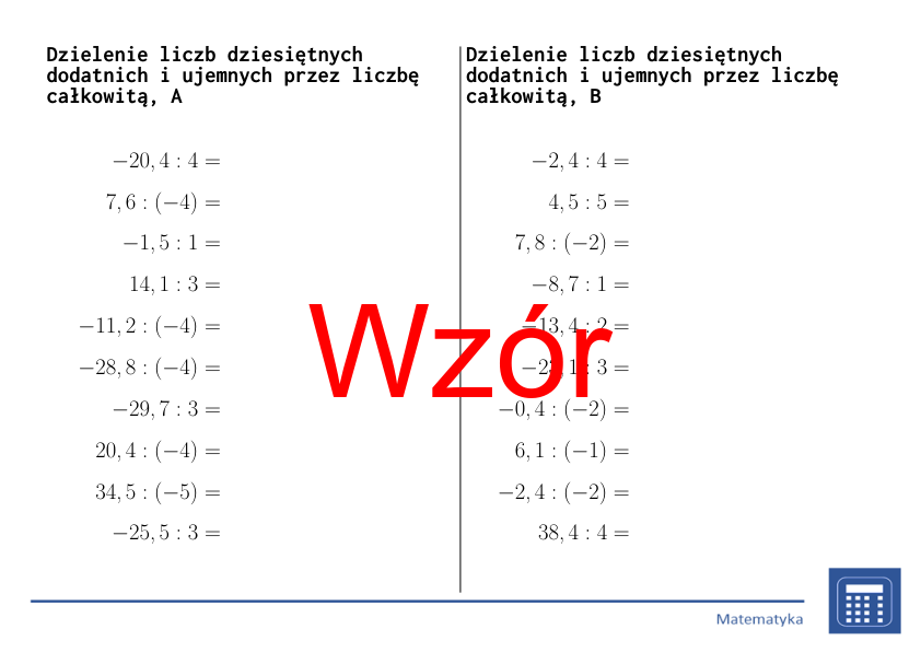 Dzielenie liczb dziesiętnych dodatnich i ujemnych przez liczbę całkowitą | matematyka | 26 kolumn