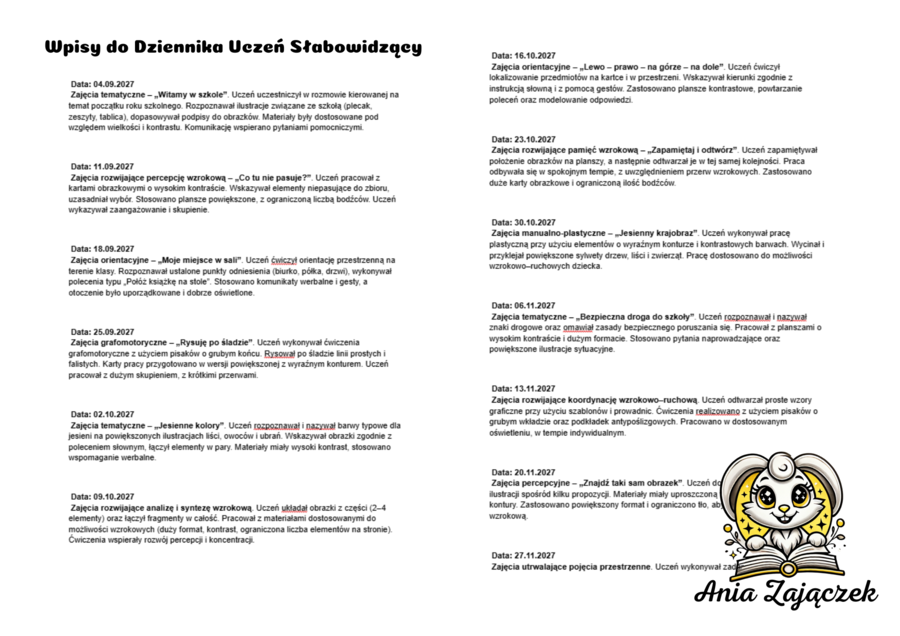 Wpisy do Dziennika Uczeń Słabowidzący