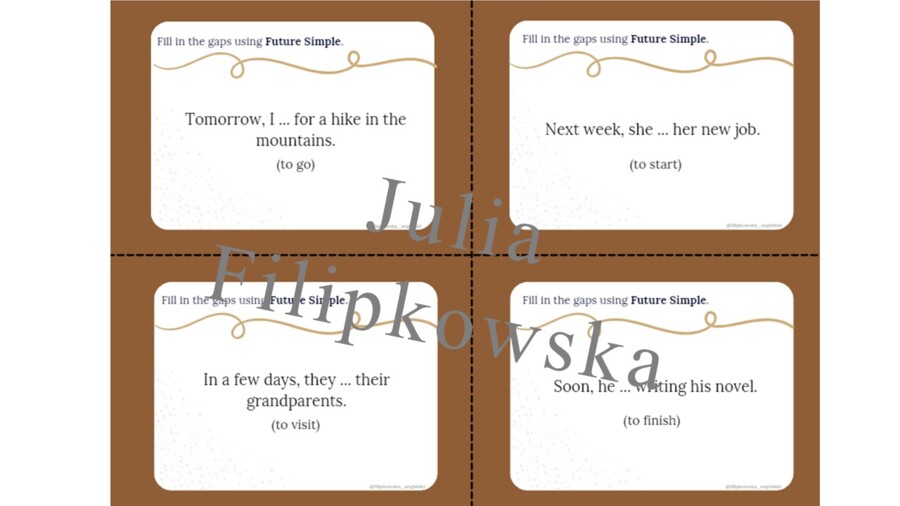 Future Simple/ Zdania twierdzące/ Karty do mówienia/ Mówienie/ Speaking/ Konwersacje/ Klasy 4-8/ Klasy 4-6/ Klasy 6-8/ SP/ Warm-up/ Rozgrzewka/ Speaking cards/ Gramatyka/ Grammar/ Speaking cards grammar/ Grammar cards/ E8