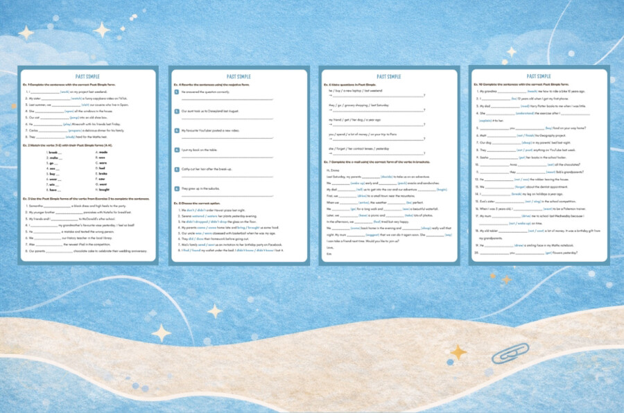 PAST SIMPLE – Kompletny zestaw zadań:  Czasowniki regularne & nieregularne, przeczenia, pytania, writing + BONUS: Wykreślanka & krzyżówka Irregular Verbs  | A2–A2+