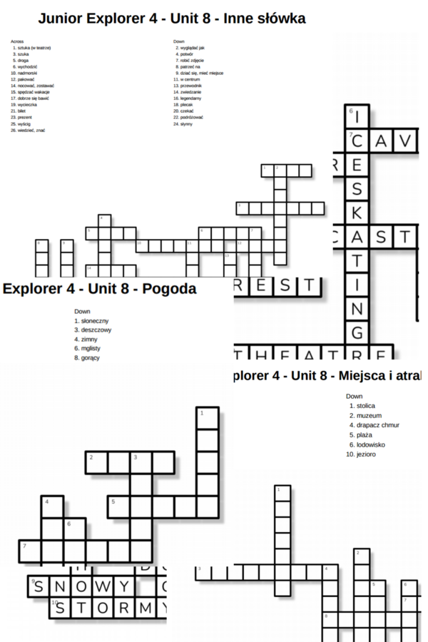 Junior Explorer 4 – Unit 8 – krzyżówki – Pogoda/Miejsca i atrakcje turystyczne/Inne słówka