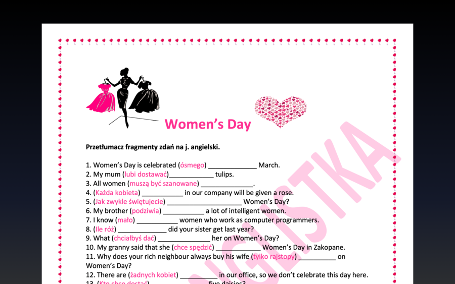 Dzień Kobiet - Women's Day- tłumaczenie fragmentów zdań dotyczących Kobiet