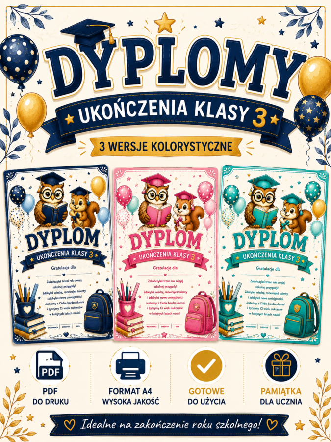 Dyplomy ukończenia klasy 3 – gotowe do druku | 3 wersje PDF 🎓✨