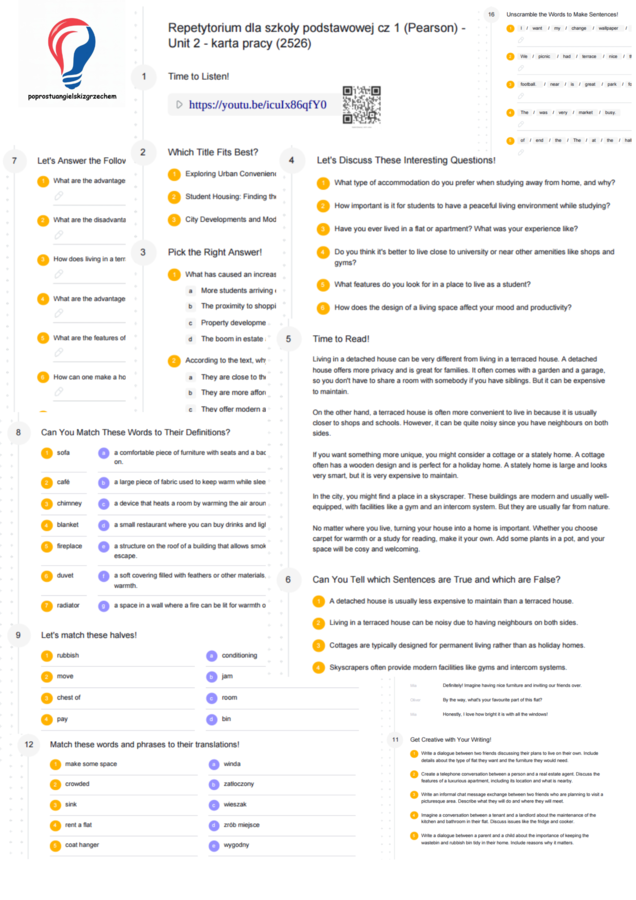 Repetytorium dla szkoły podstawowej cz. 1 (Pearson) – Unit 2 – karta pracy