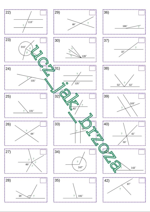 Własności kątów, kąty wierzchołkowe, przyległe, odpowiadające i naprzemianległe, karta pracy, dyktando grafomotoryczne, kodowanie, klasa 5