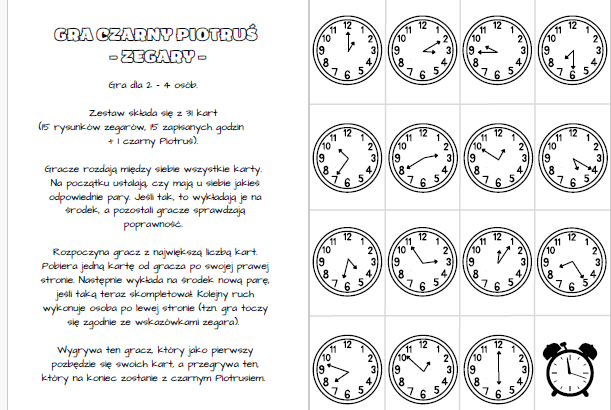 zegary - notatka + gra "Czarny Piotruś" kl. 4