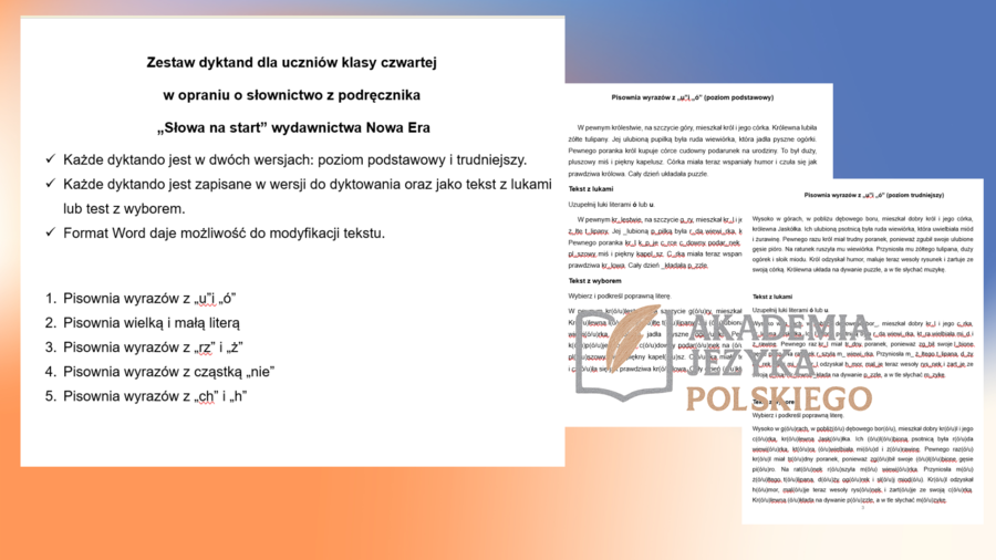 Zestaw dyktand klasa 4 - słownictwo z podręcznika Nowa Era