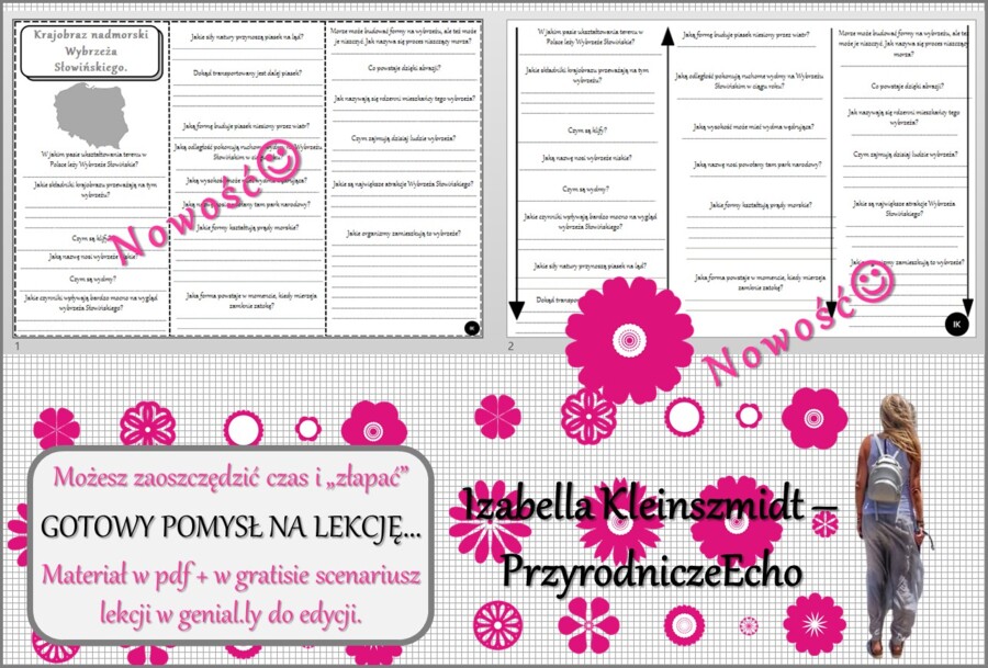 Pomysł na lekcję/karta pracy/stacje zadaniowe/notatki/ materiał do lekcji do tematu „Krajobraz nadmorski Wybrzeża Słowińskiego?” w pdf. W gratisie niekomercyjny scenariusz lekcji/pomysł na lekcję w programie genial.ly do edycji. Geografia 5. Dział „Krajo