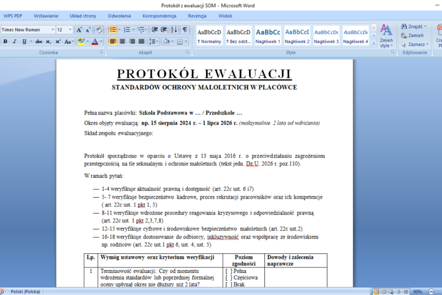 Ewaluacja Standardów Ochrony Małoletnich w przedszkolu/ szkole; raport