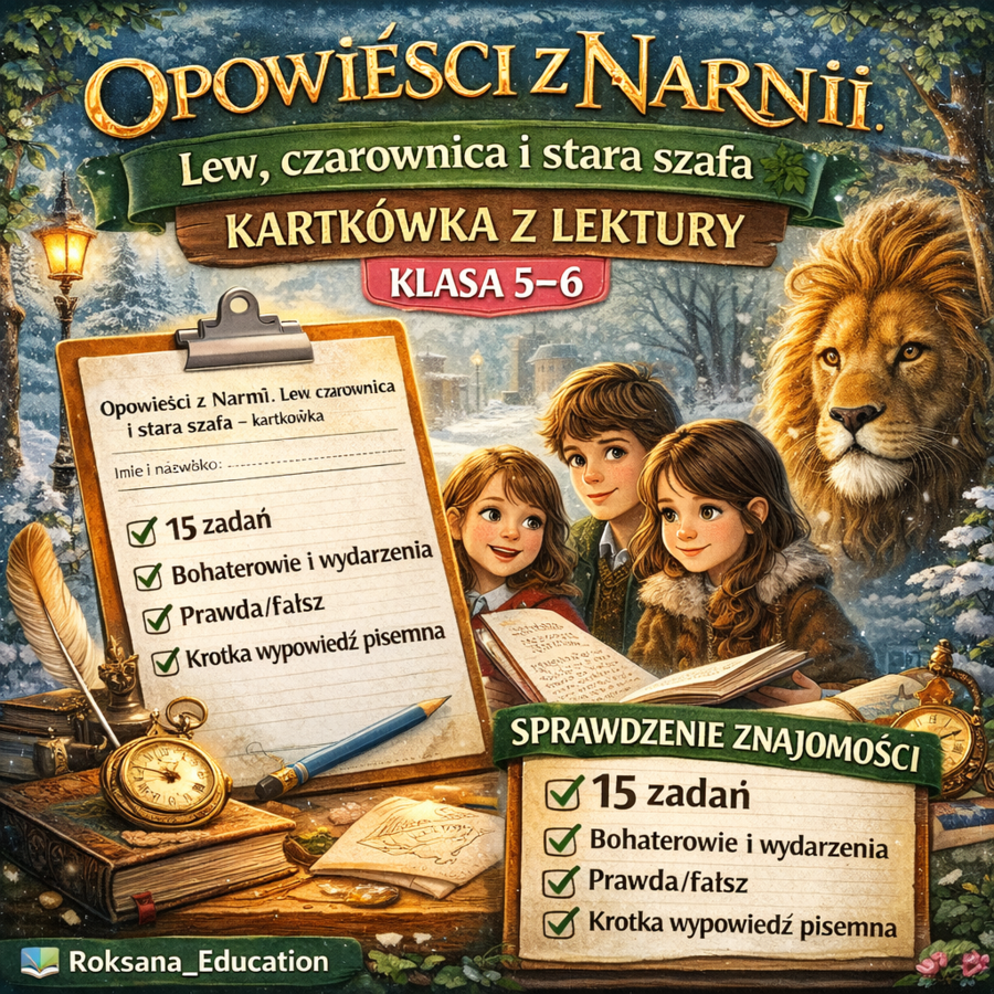 📚 „Opowieści z Narnii. Lew, czarownica i stara szafa” – kartkówka z lektury (klasa 5–6) | 15 zadań