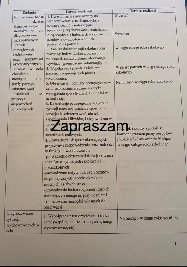 Plan pracy pedagoga szkolnego 2024/2025