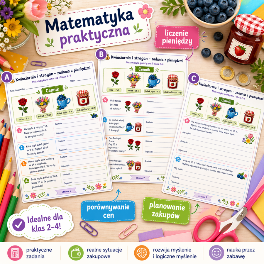 Kwiaciarnia i stragan – zadania z pieniędzmi