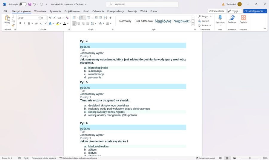 Test składniki powietrza