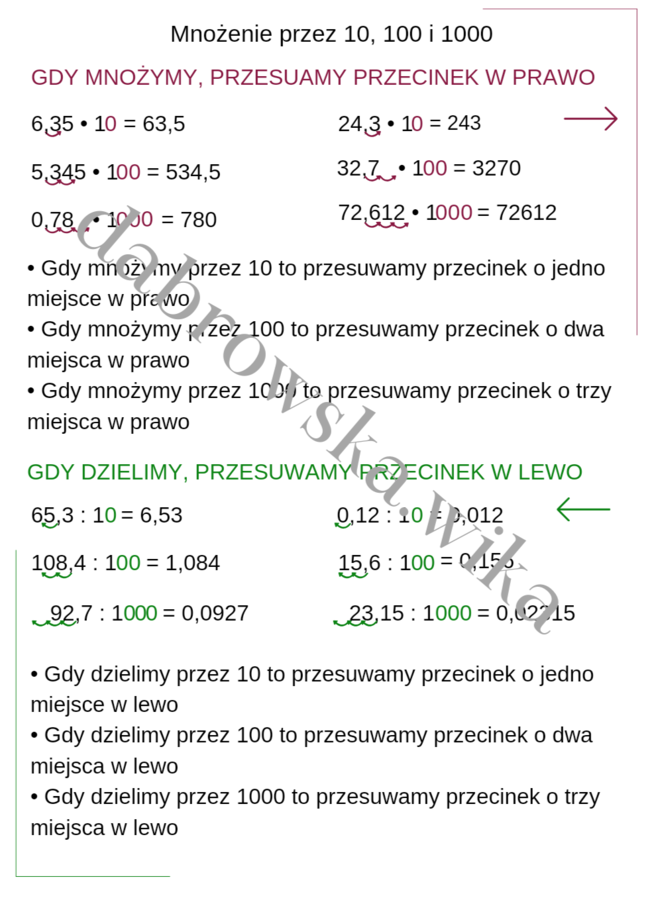 Mnożenie i dzielenie przez 10, 100 i 1000 - notatka