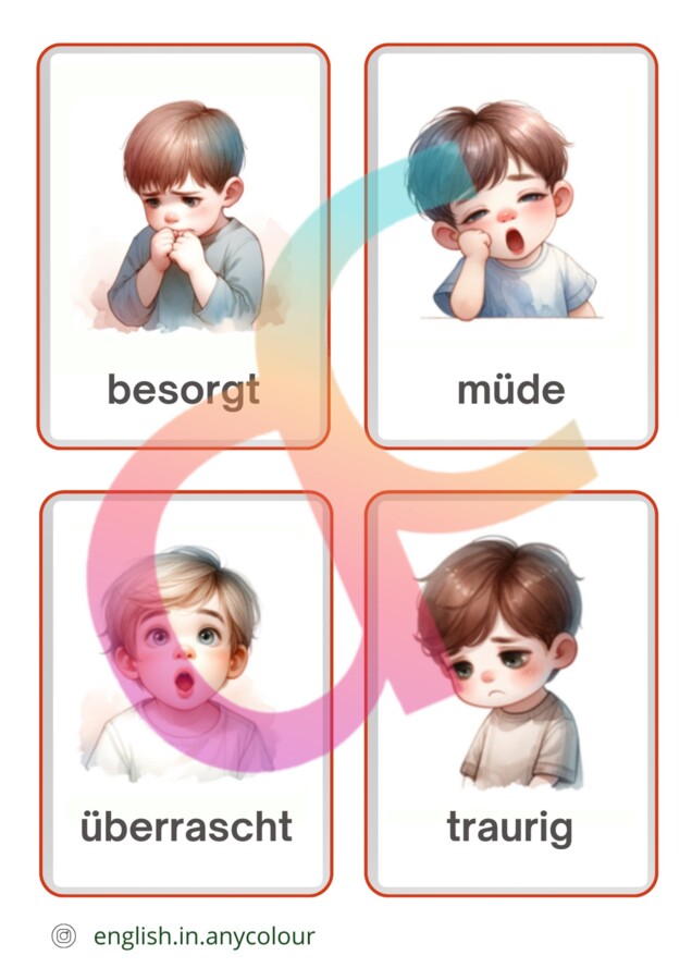 Niemiecki - Gefühle - 2 układy kart obrazkowych, Bingo, Zestaw ćwiczeń z zakresu Uczuć