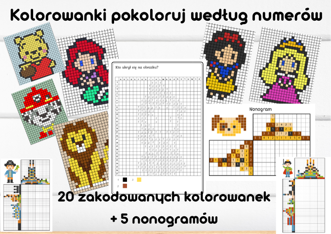 Zakodowane Postacie z Bajek – Kolorowanie według kodu/numerów – ukryte obrazki