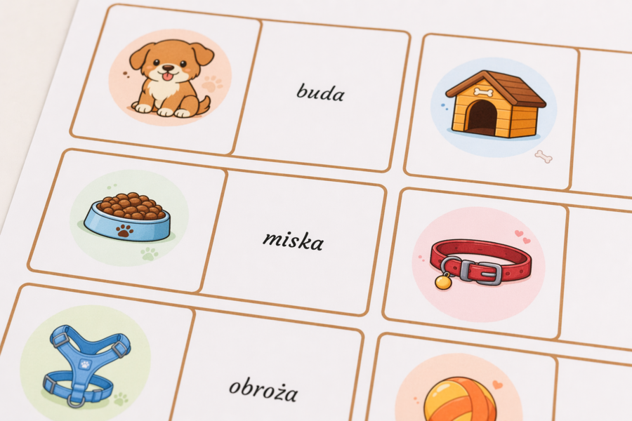 Domino obrazkowo-wyrazowe: pies i akcesoria