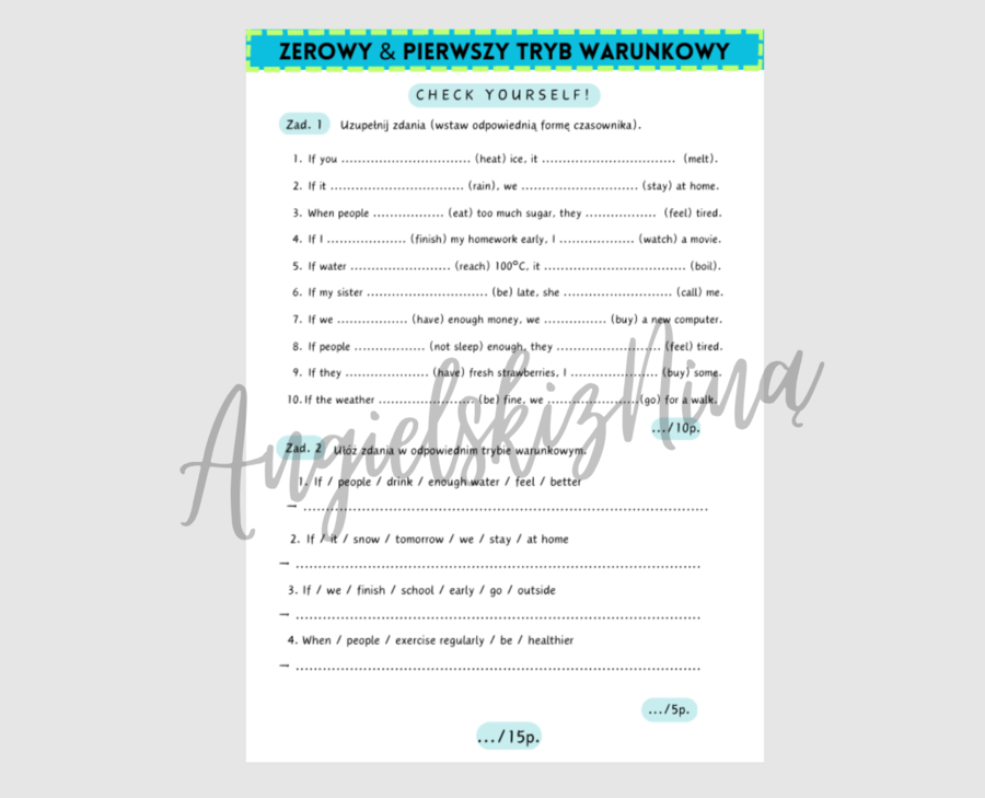 Zero & First Conditional - Zerowy & Pierwszy tryb warunkowy - Check yourself! - karta pracy - kartkówka - test - powtórka - okres warunkowy - okresy  - conditionals -  tryby warunkowe - porównanie -