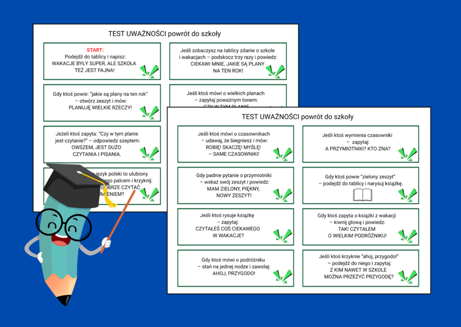 Powrót do szkoły - TEST NA UWAŻNOŚĆ – 30 karteczek do zabawy klasowej - język polski - zajęcia z wychowawcą - klasy 4-6