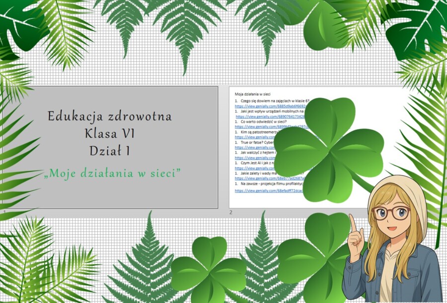 Średni zestaw prezentacji multimedialnych w genial.ly (9 sztuk) do całego działu "Moja działania w sieci" z edukacji zdrowotnej do klasy 6. Edukacja zdrowotna.